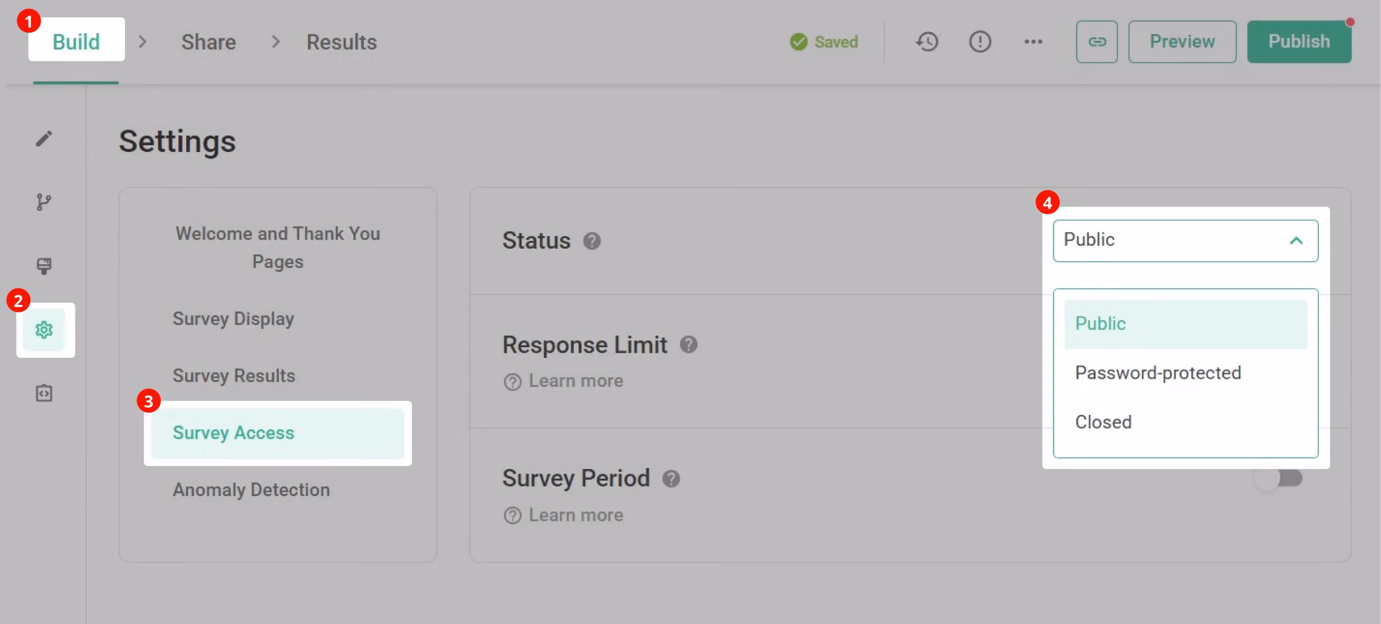 Survey Access page Status field with Public, Password-protected, and Closed options