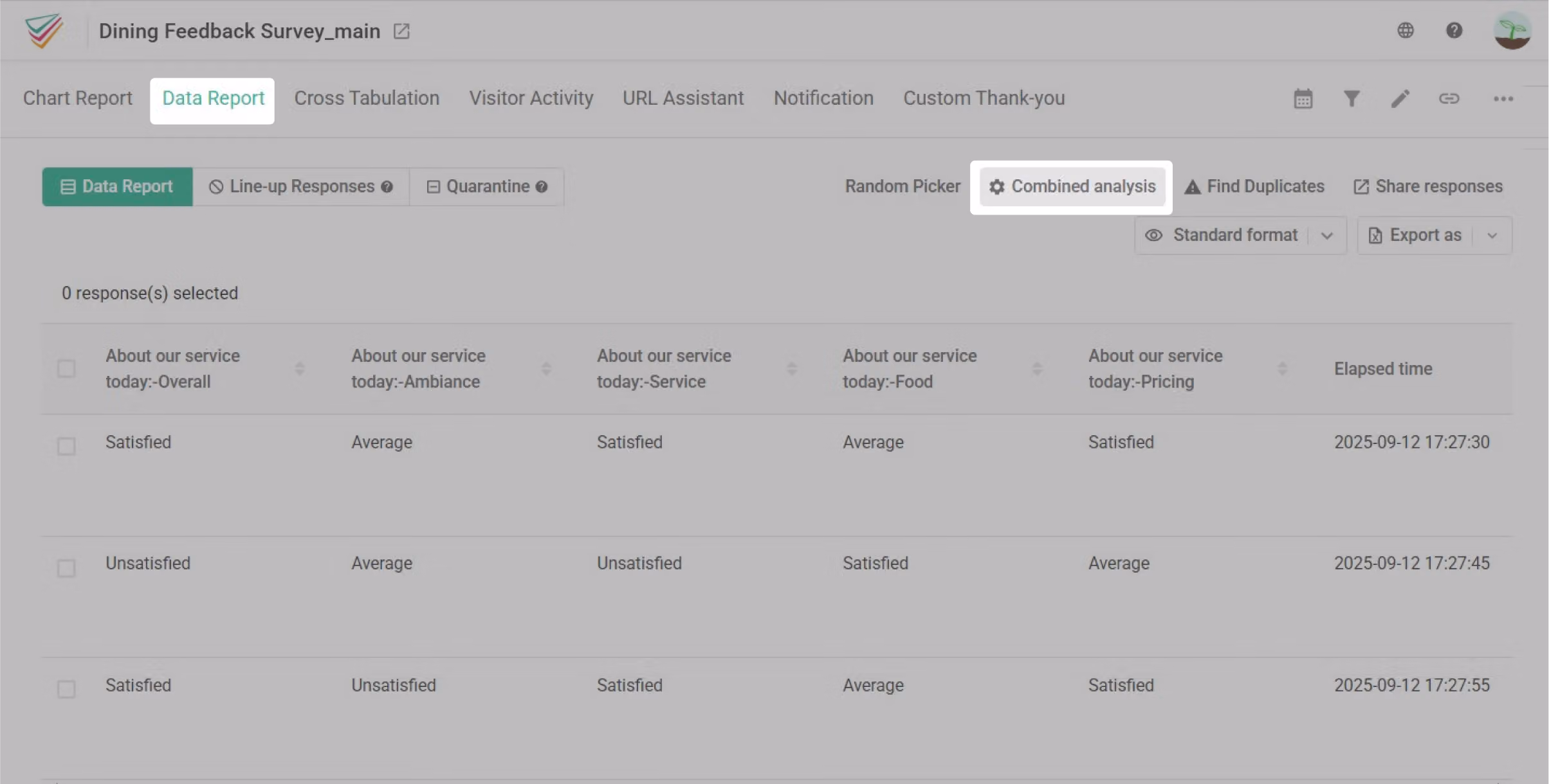 Main survey Data Report page with the Combined Analysis button clicked in the top right
