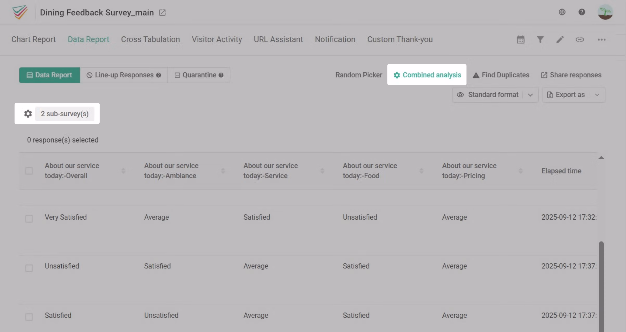 Combined data export showing the total merged responses after selecting subsurveys