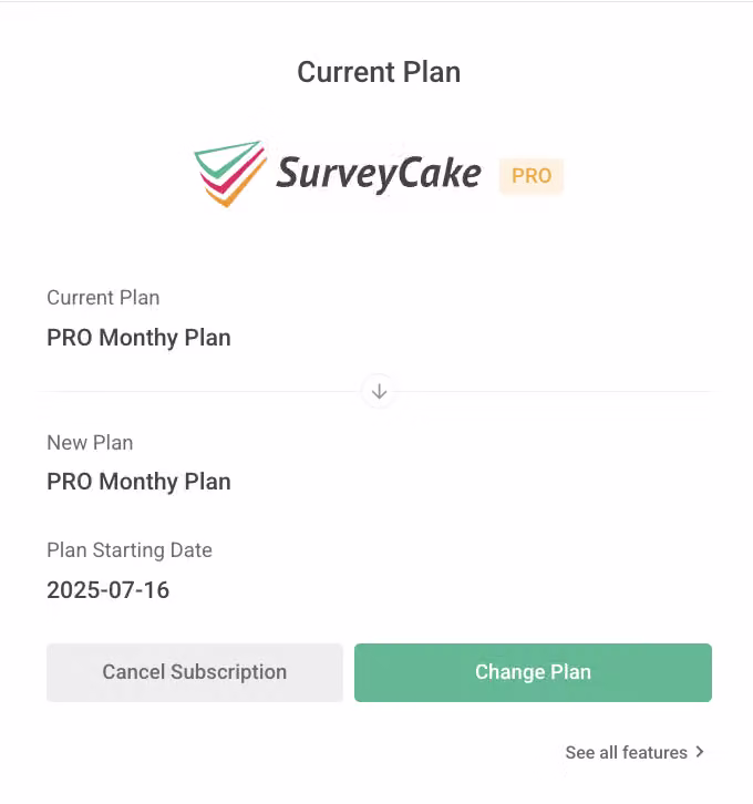 Subscription screen for a Pro or Team Plan account showing the expiration date and Change Plan button