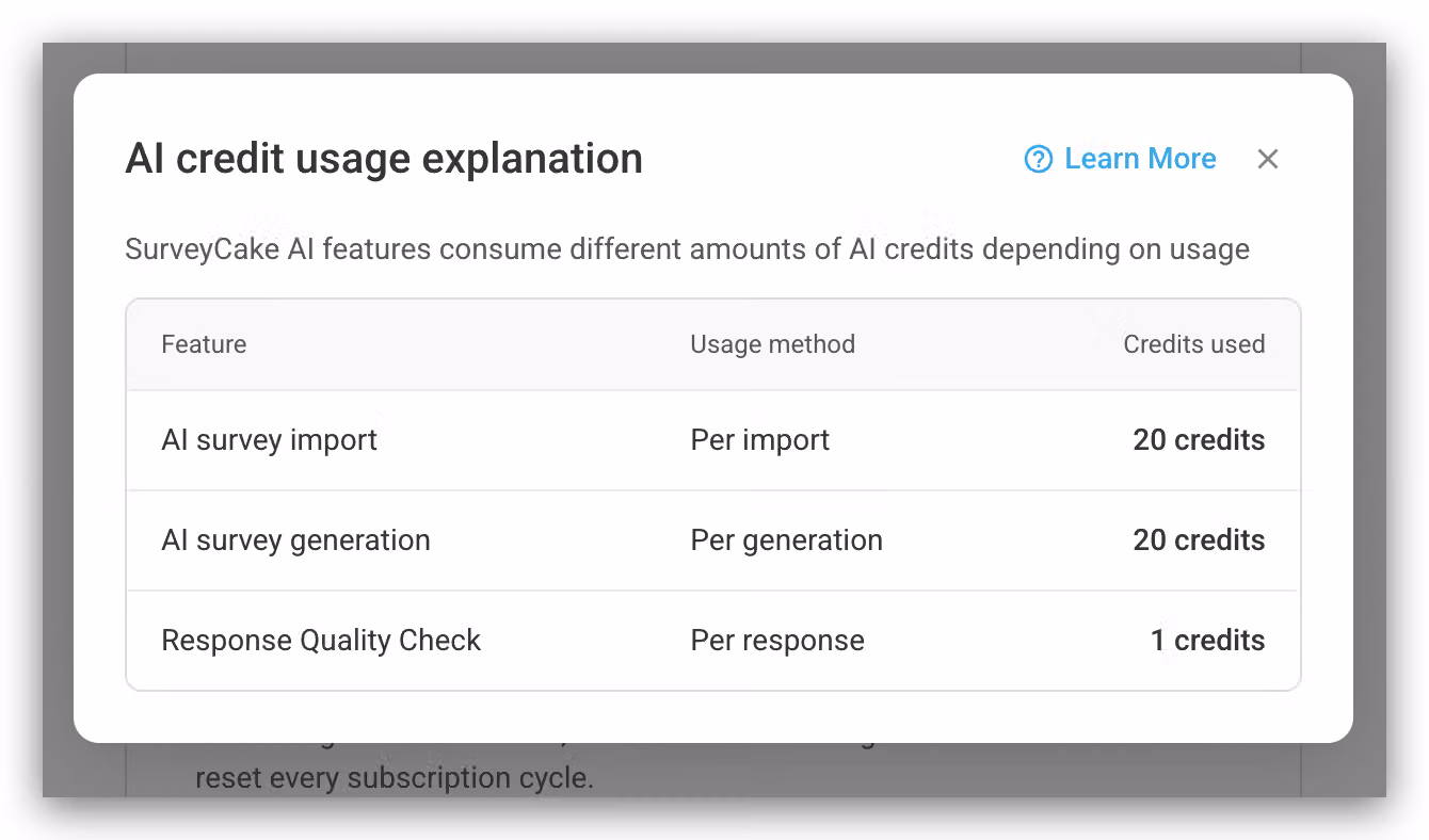 Account settings showing ad-free response usage and AI credit balance