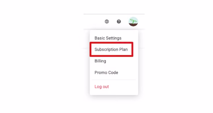 Subscription Plan option location in the upper right corner menu of the admin panel