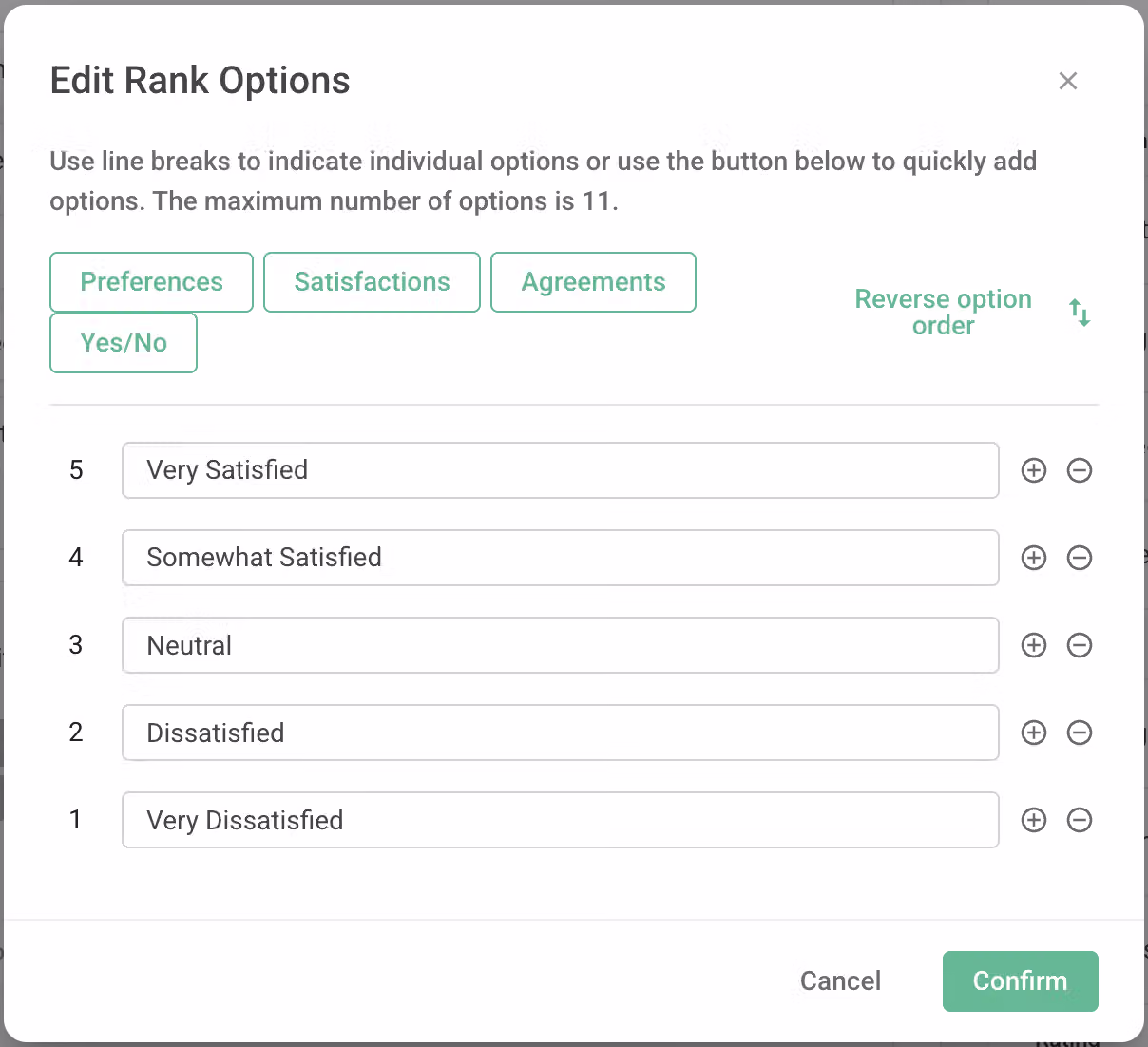 Settings screen for adjusting matrix options to match the subquestion criteria