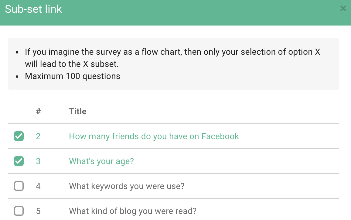 Settings screen for selecting an option and checking which extended questions it branches to