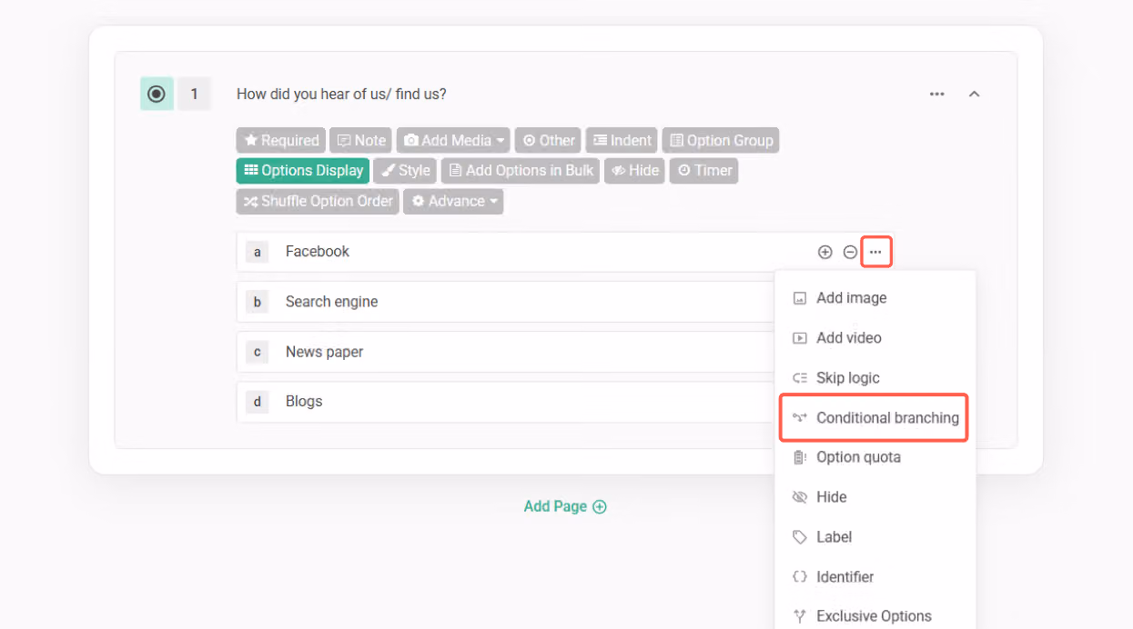 Question set up with Conditional Branching based on the respondent's chosen shopping channel
