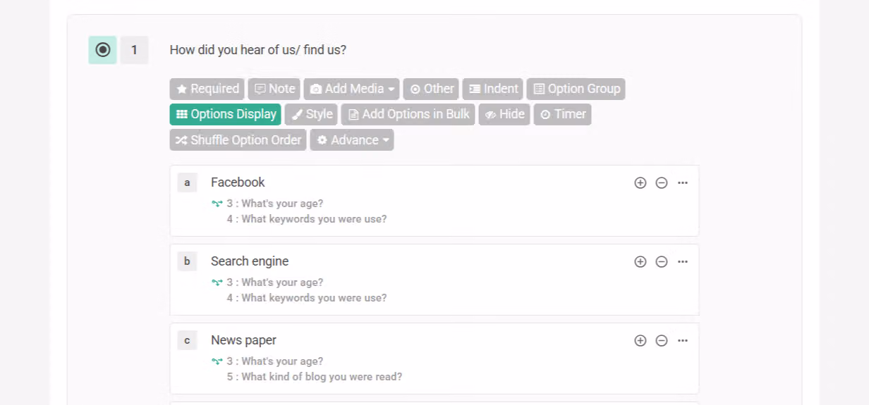 Survey editor showing a label indicating the option is branched to a specific question