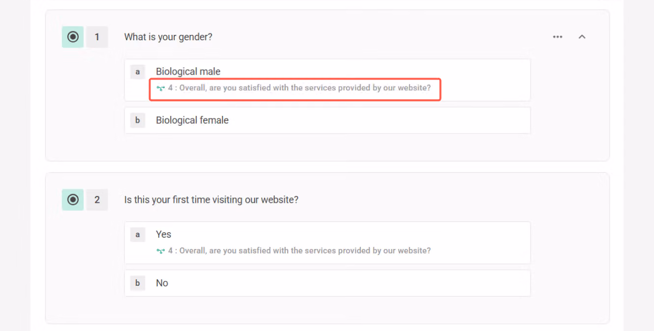 Survey editor showing Question 1 mistakenly branched to Question 4