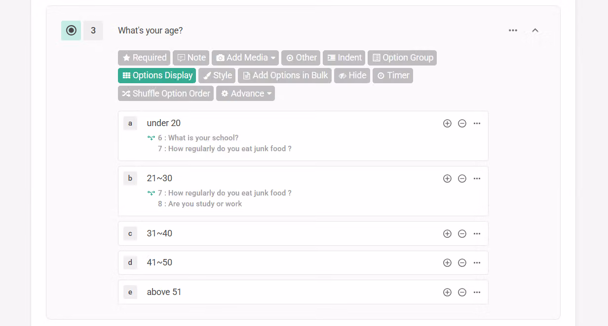 Conditional Branching setup grouping different follow-up questions by the respondent's age range
