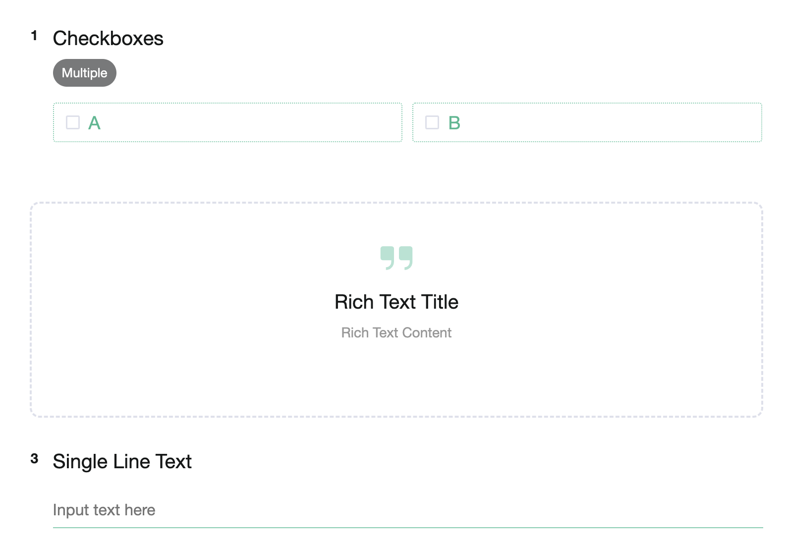 Survey editor showing question numbers skipping from 1 to 3 around the Rich Text block