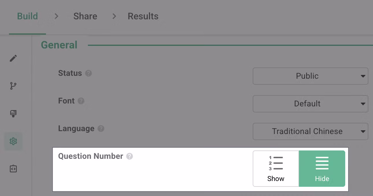 Survey setup page with the question number setting toggled to Hide