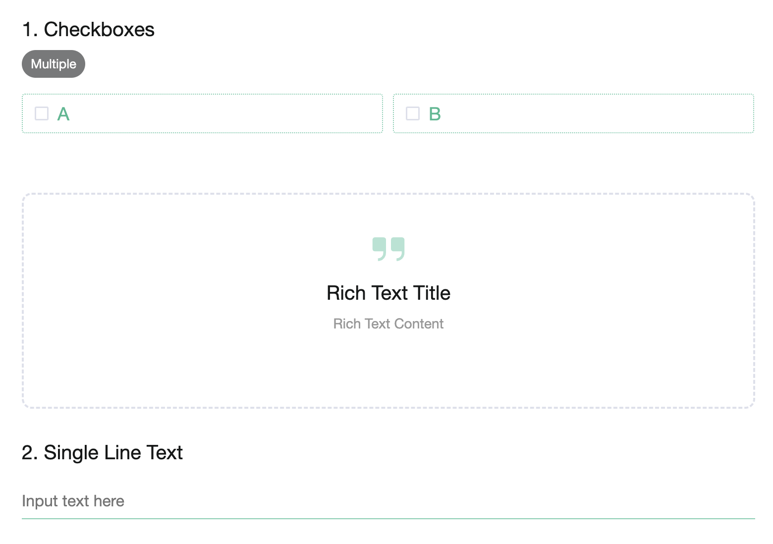 Survey preview where a Rich Text Title and Rich Text Content block sits between checkbox question 1 and single line text question 2