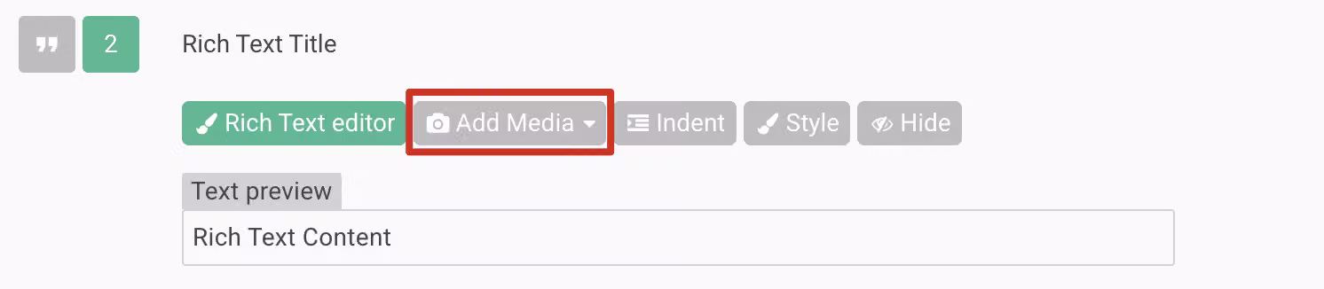 Rich Text editor with the Add Media button being clicked to insert an image