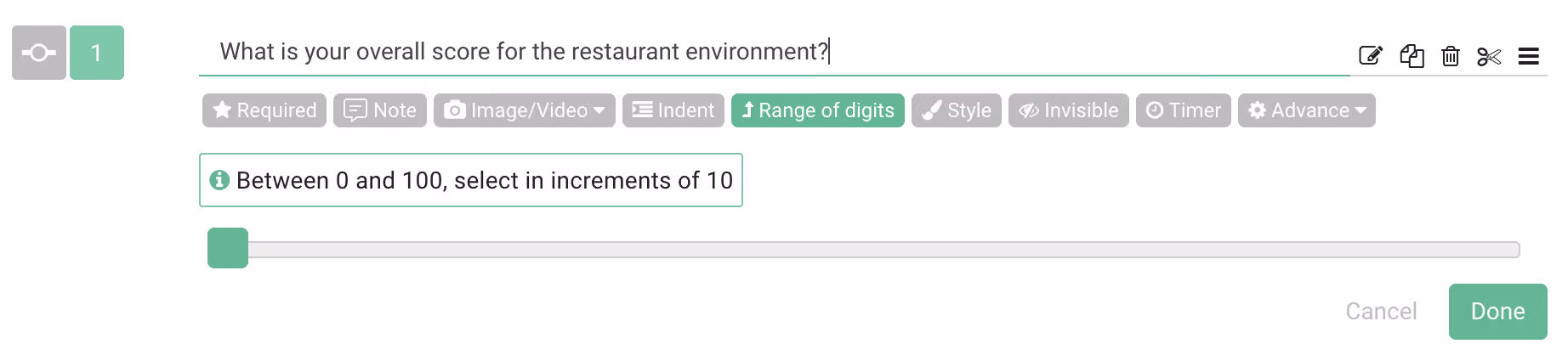 Slider question editor set up to rate restaurant ambiance from 1 to 100
