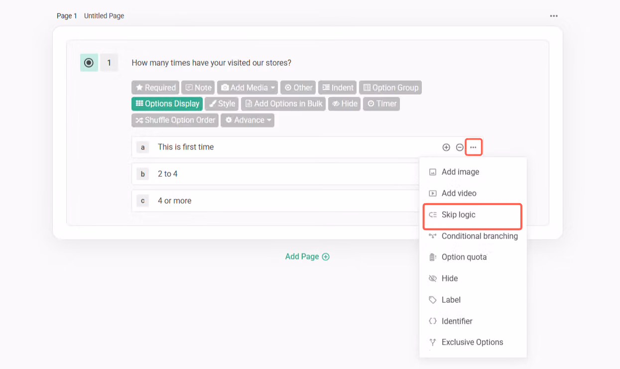 Selecting Skip Logic from the three-dot menu on the '2 to 4 visits' option