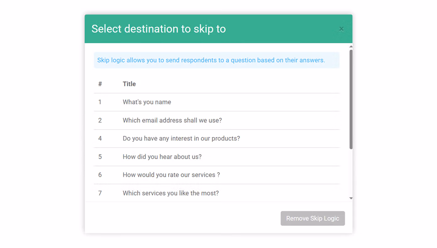 Skip Logic settings showing the three destination options to choose from