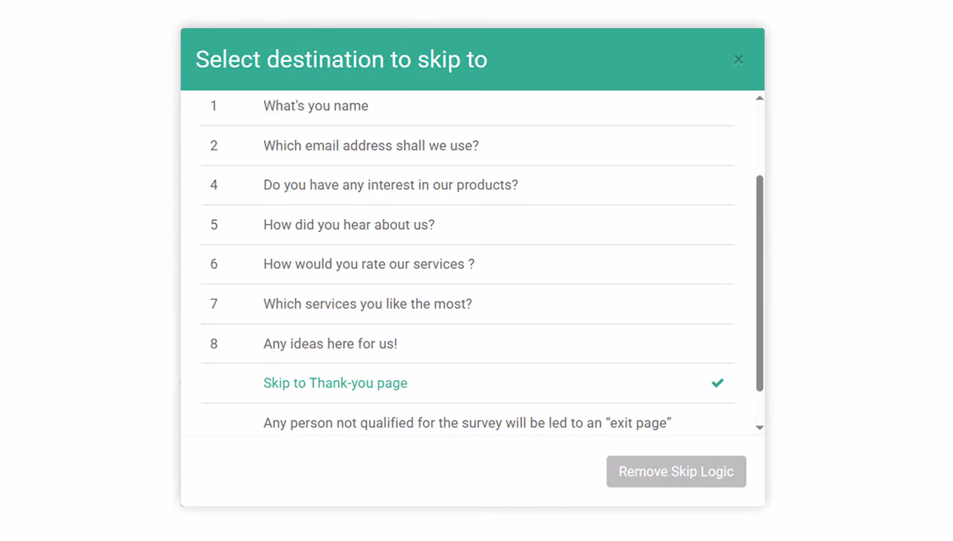 Skip Logic setting with the 'Skip to Thank-you page' option checked
