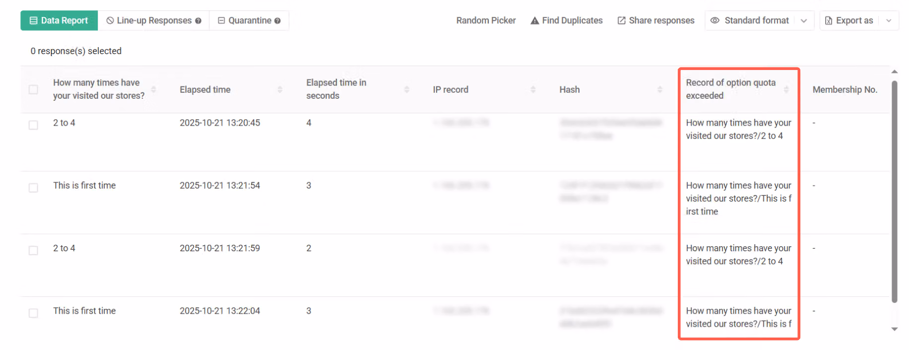 Data export showing the option quota exceeded record for a response skipped to the thank-you page