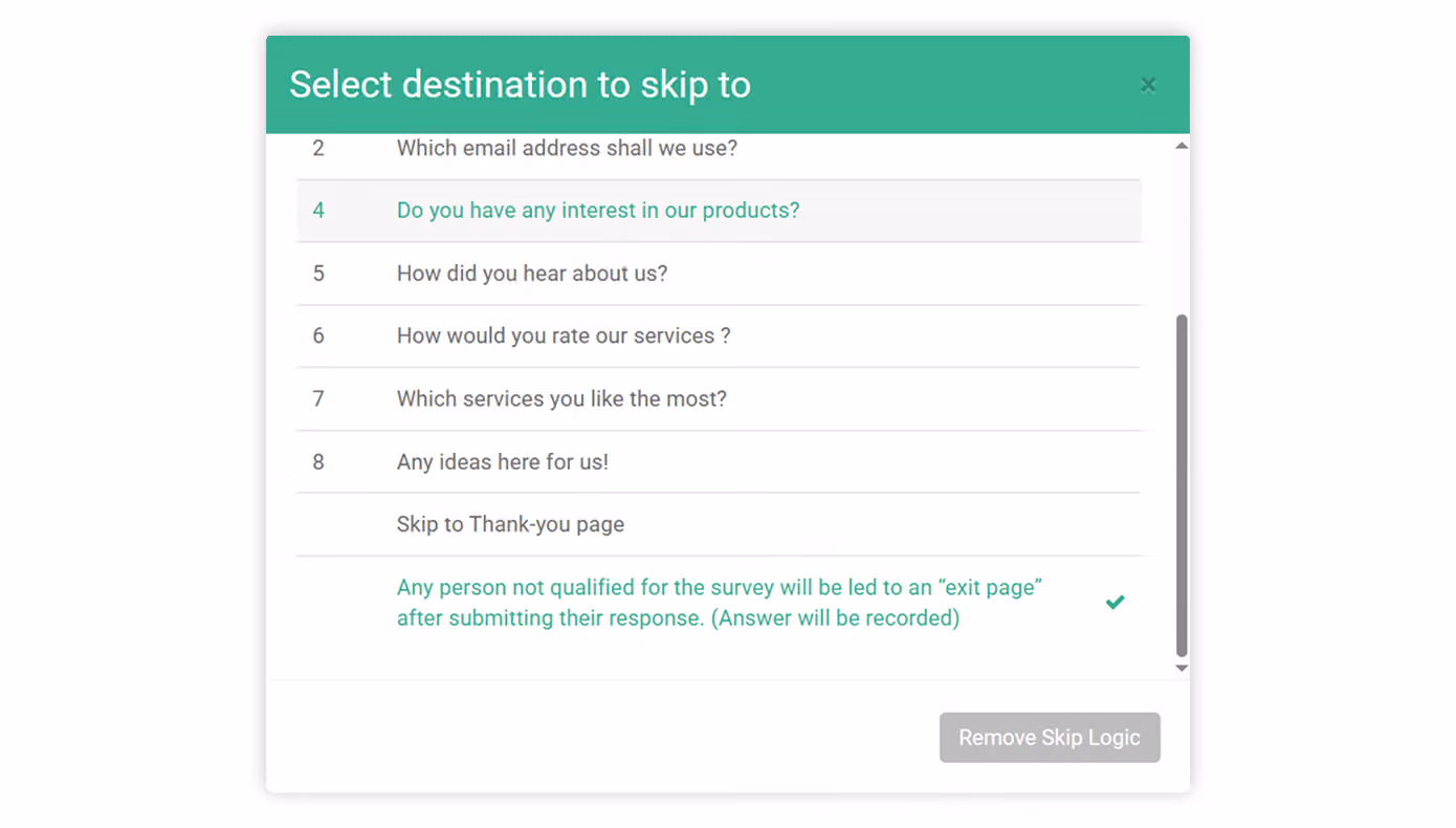 Settings screen for choosing the destination question to skip to