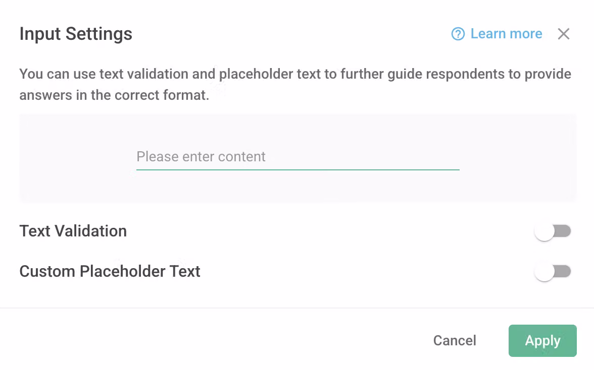 Text Validation format dropdown listing the five supported types: text, email, phone number, URL, and API