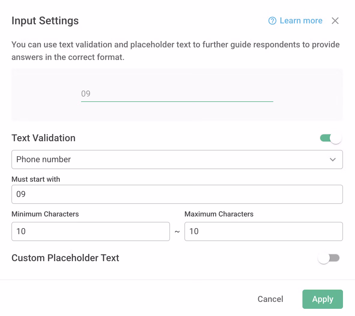 Text Validation format settings with a default guiding message and character length range