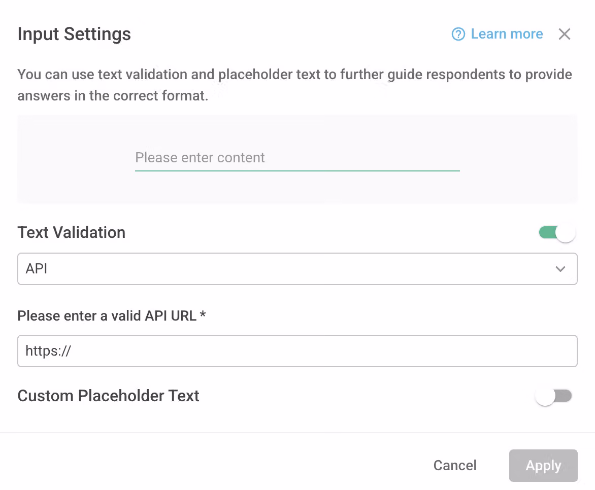 Single Line Text question with API validation showing the real-time API response on the page