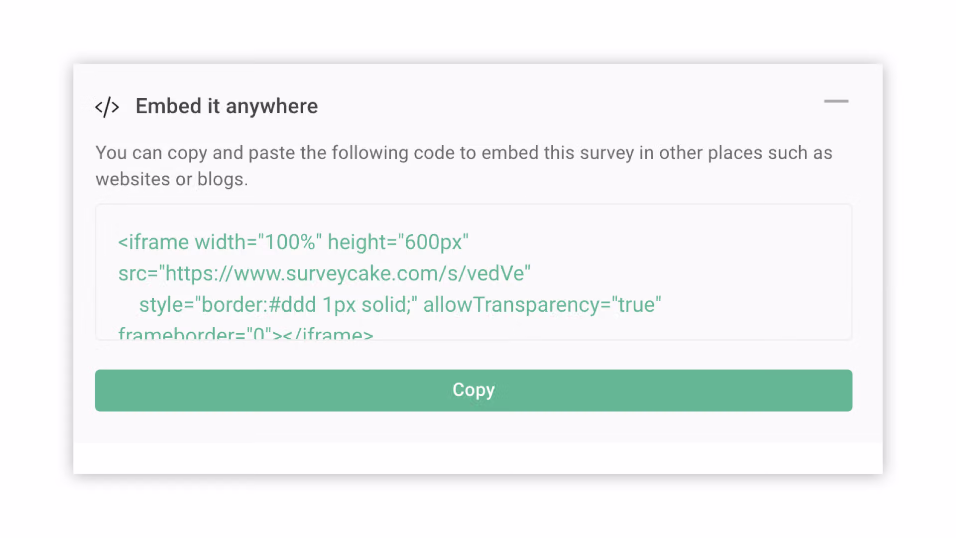 Share Survey panel showing the embed code for adding the survey to a website