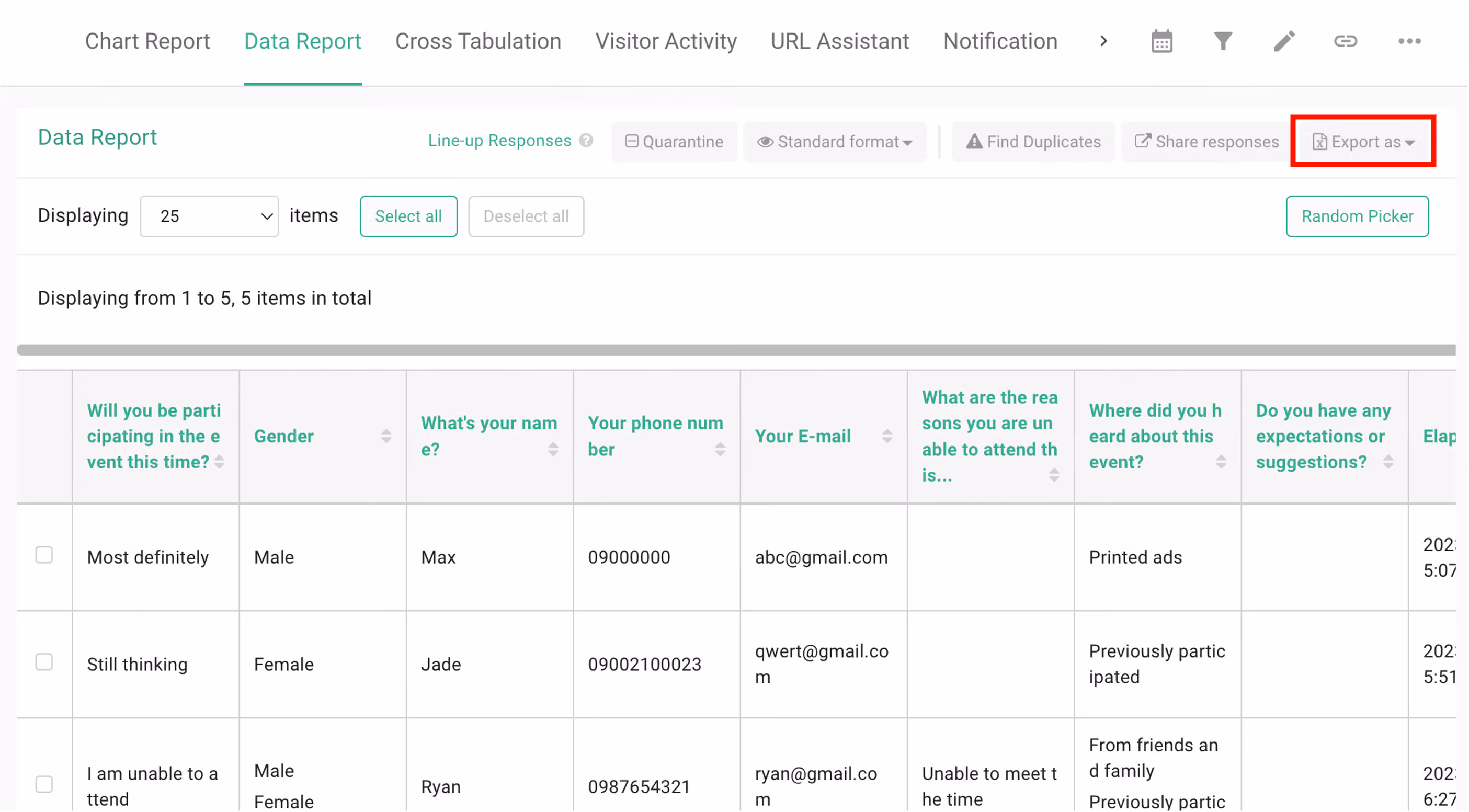 Survey responses exported to Excel with certain columns hidden before sharing