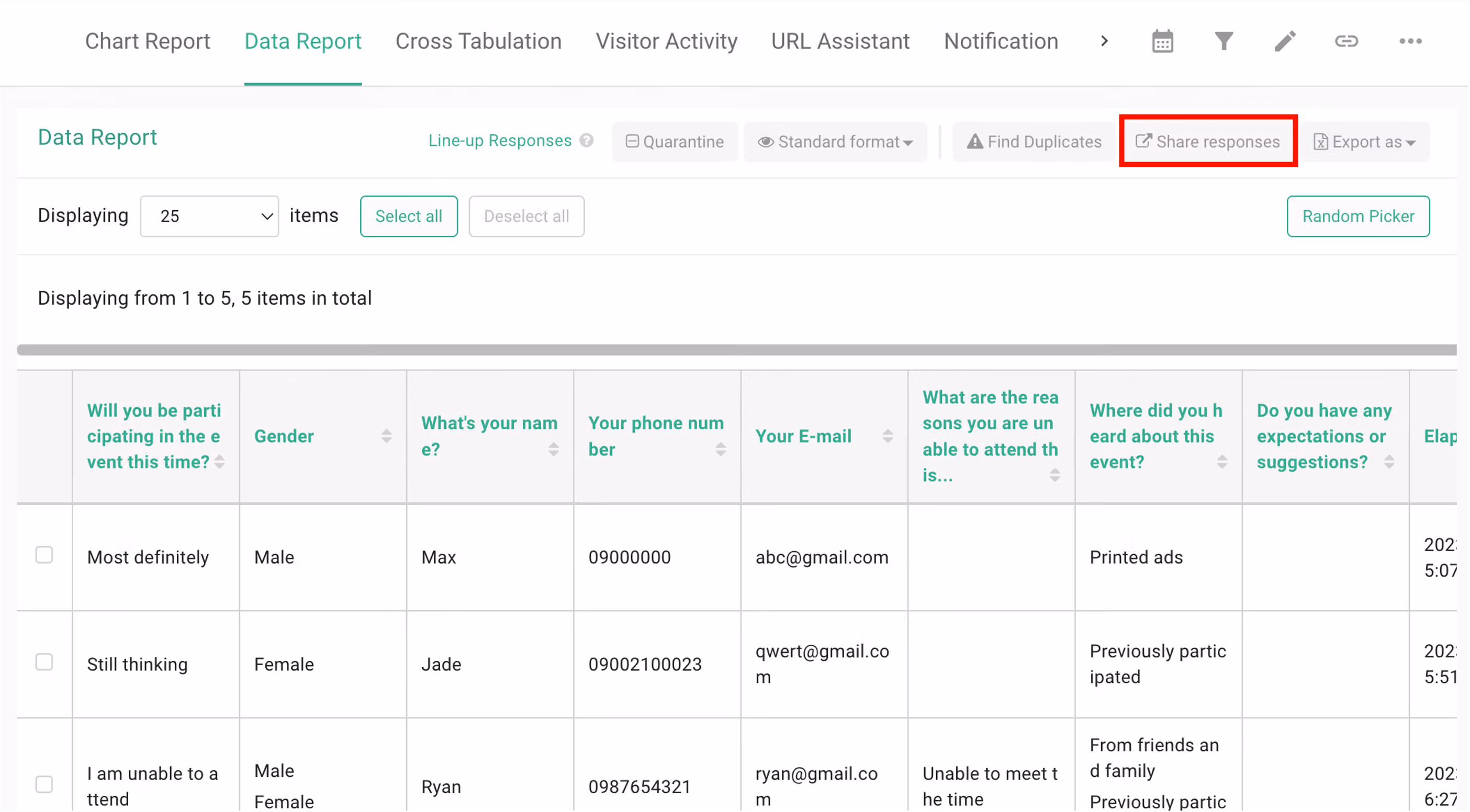 Data report page with the Share Responses button highlighted in the upper right corner