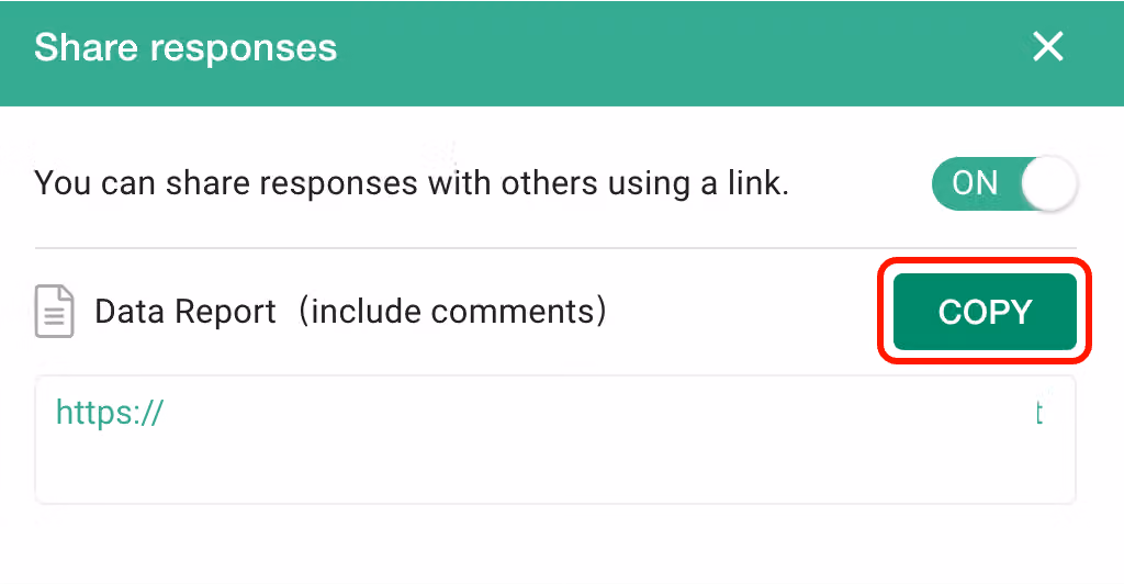 Share Responses toggle switched ON with the shareable link ready to copy