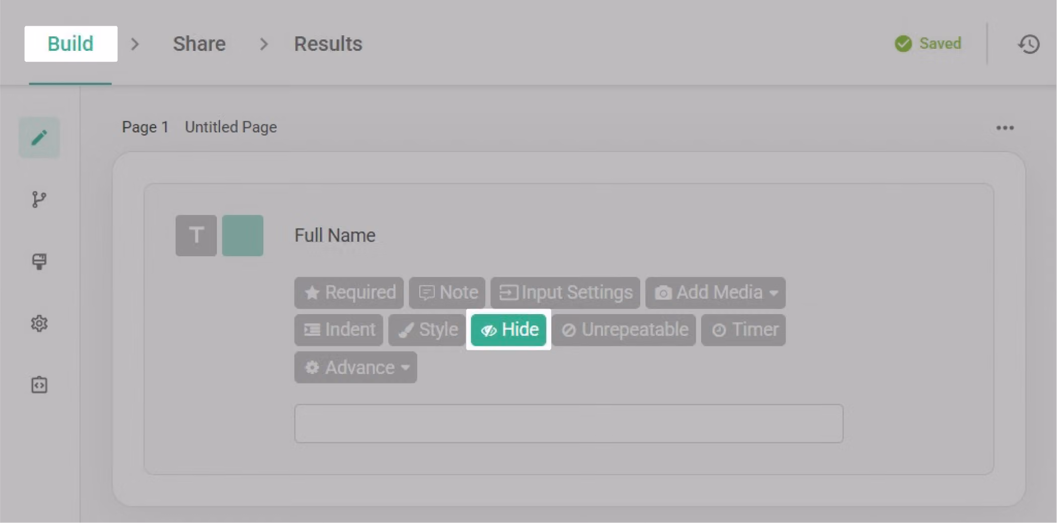 Question editor showing the Hide toggle enabled for the name question so it won't appear in charts