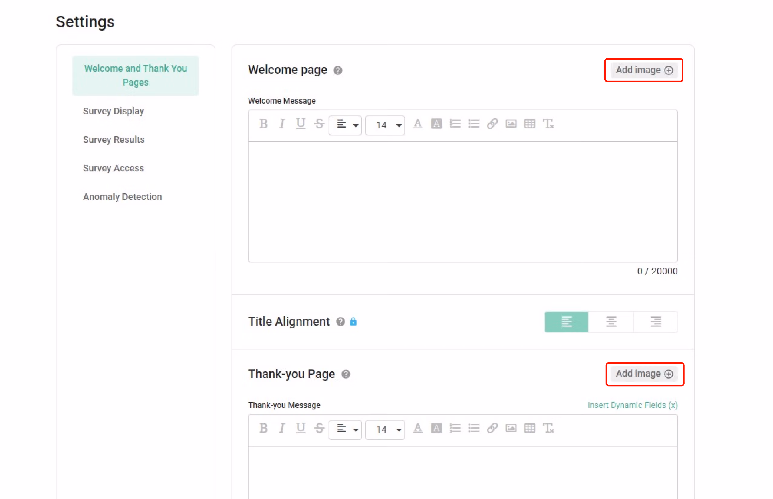Survey settings Welcome and Thank-You Page section showing the Welcome Page image upload option