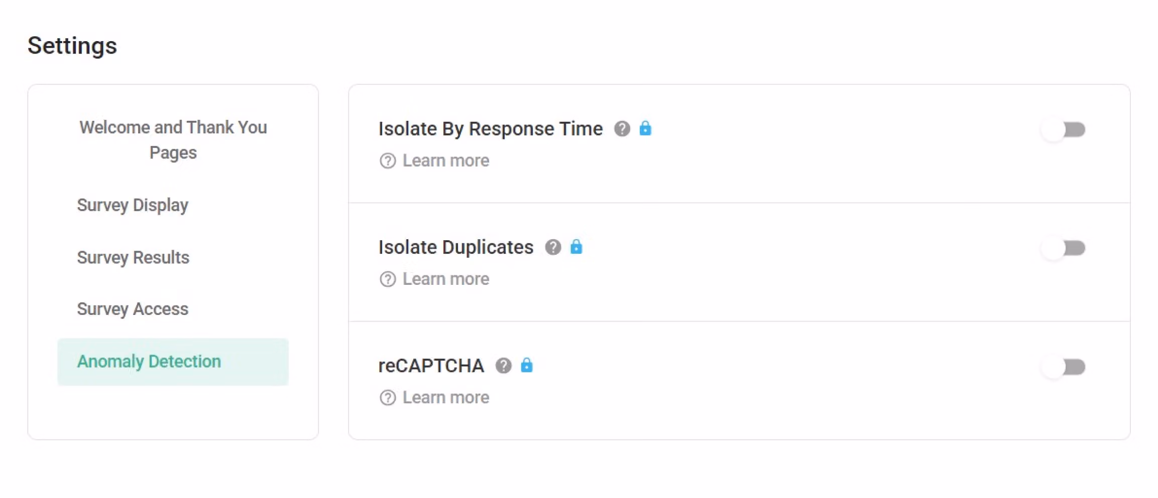Survey settings page Survey Results section with serial number and cloud storage linking options