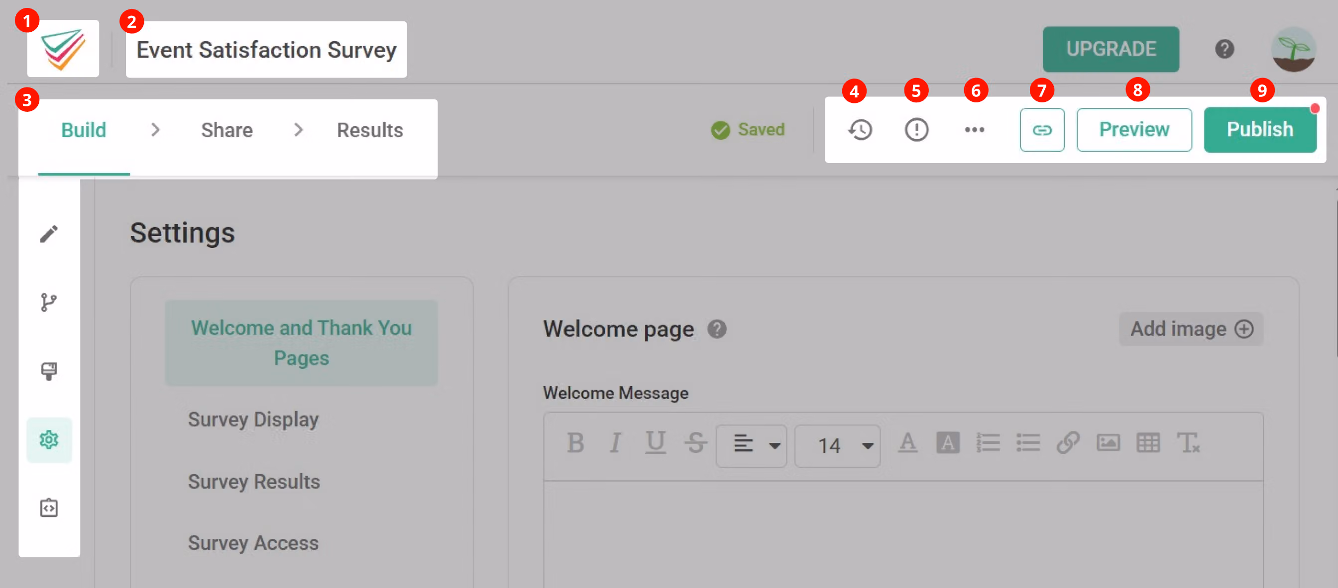 Survey Settings page showing the top toolbar with the logo, survey title, and other controls