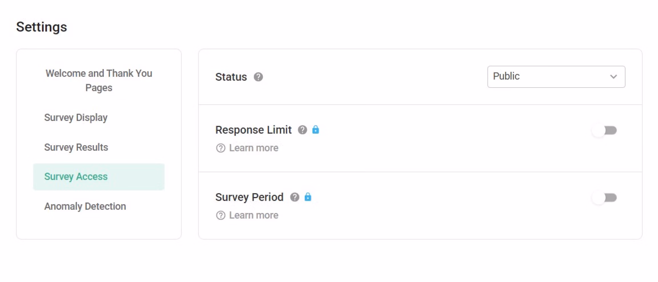 Survey Display settings screen including the progress bar and review-before-submit options