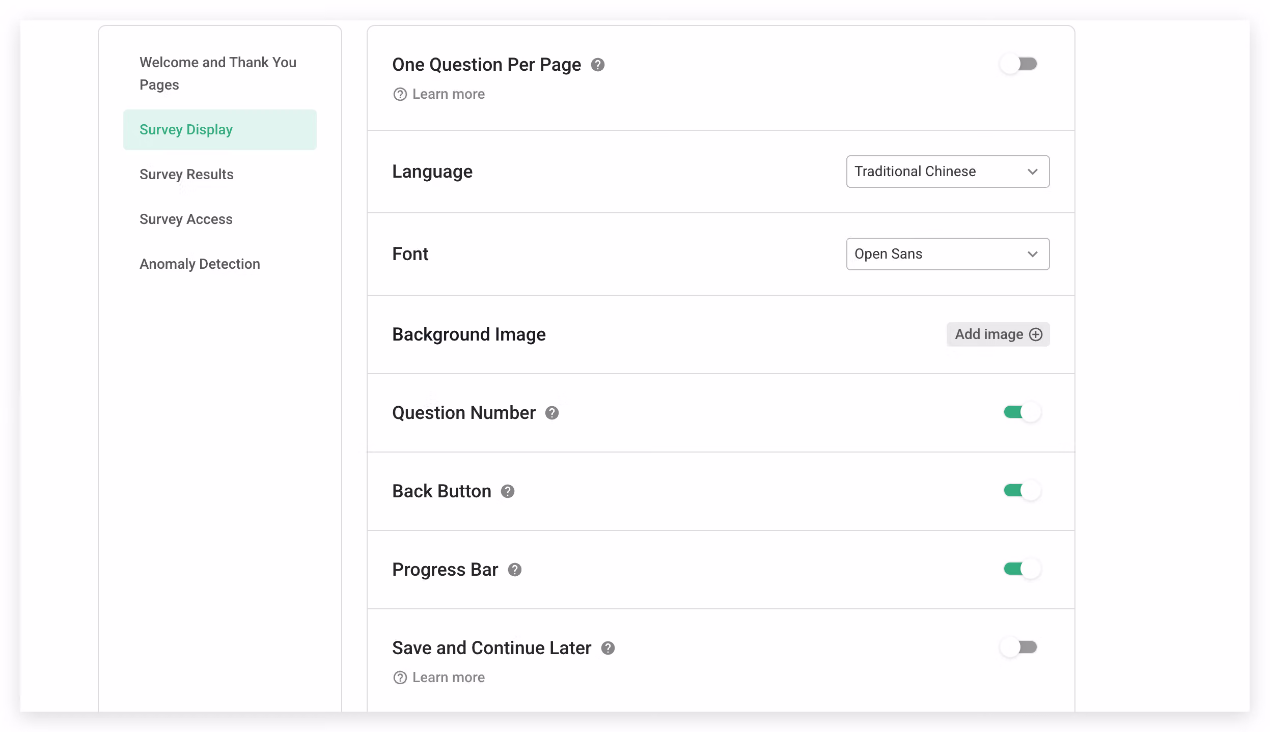 Survey settings page Survey Display section with the One Question Per Page toggle