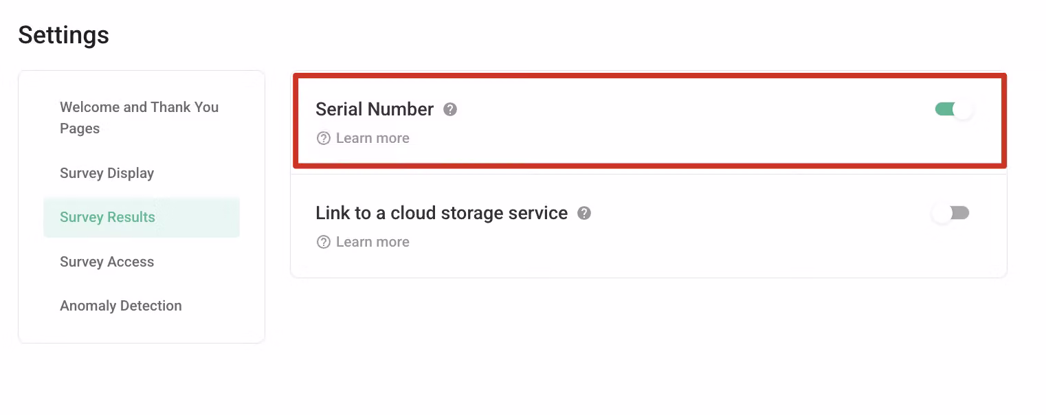 Survey Results settings section with the Serial Numbers feature toggled on