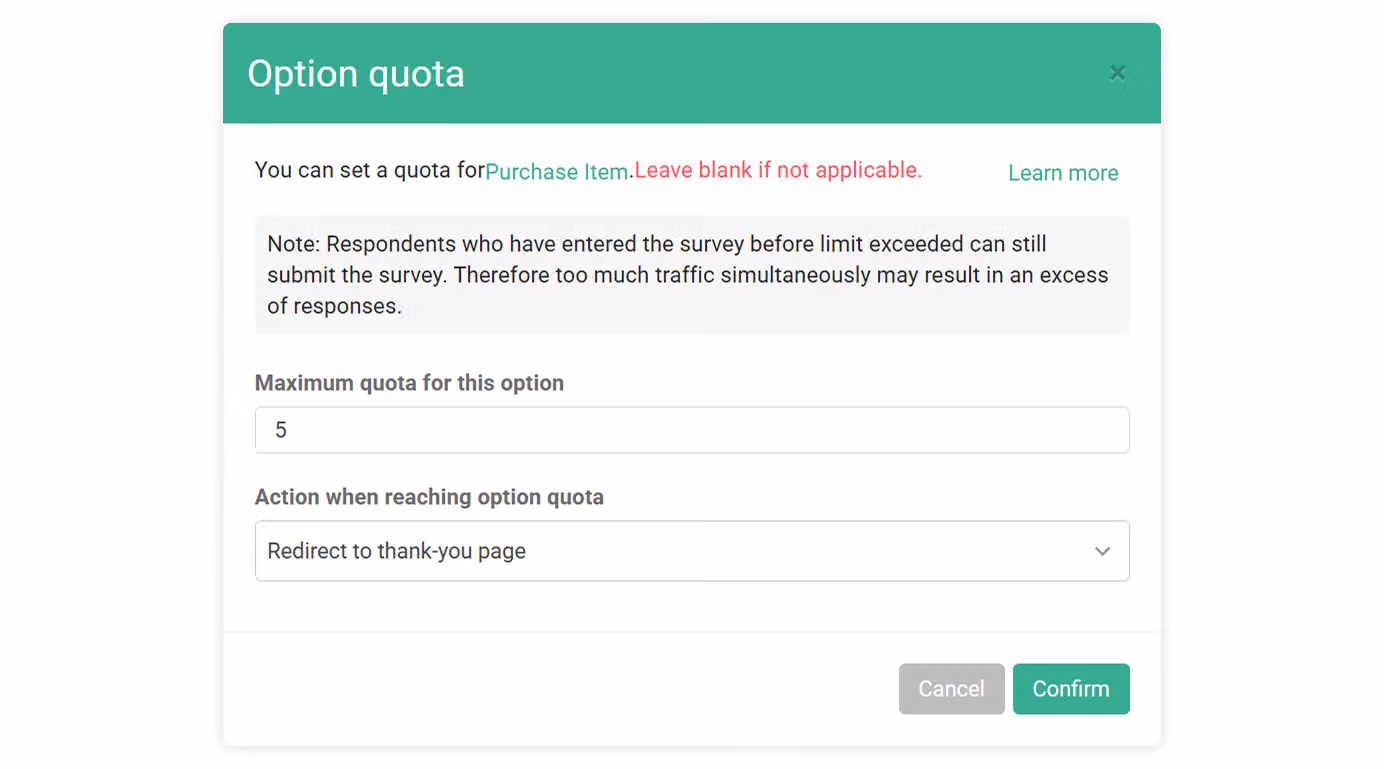 Option Quota action setting configured to redirect respondents to the thank-you page