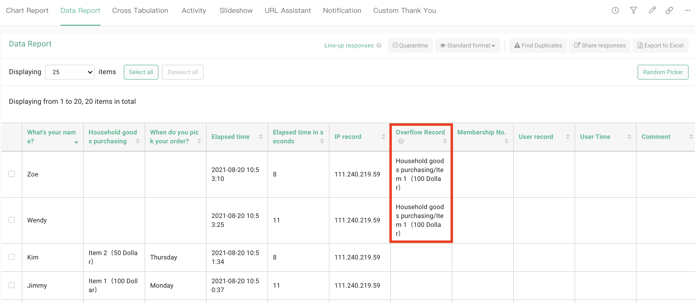 Response export showing the Quota Exceeded note field recording which question and option triggered it