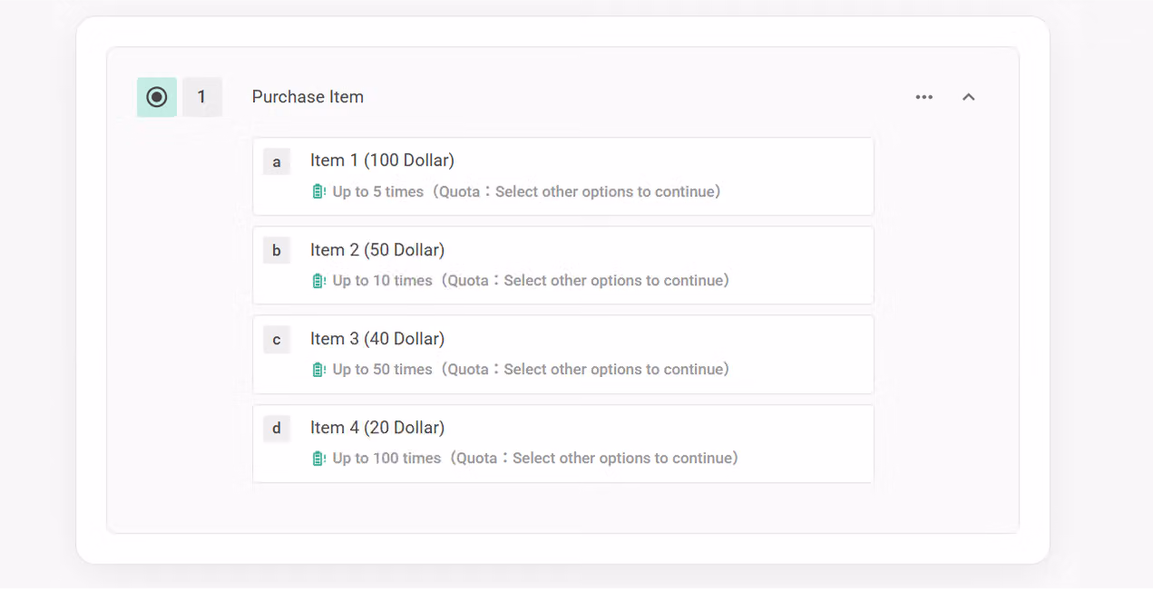 Backend summary table listing the configured quota and action settings for each option