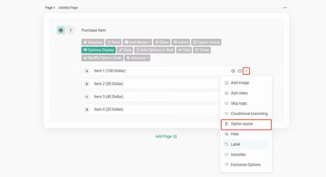 Clicking the three-dot menu on a limited-quantity option and selecting Option Quota