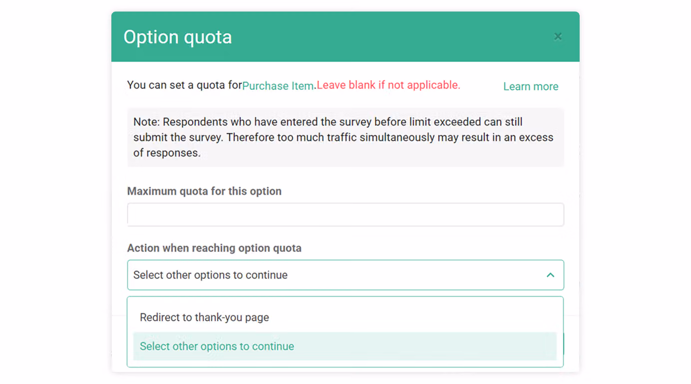 Settings screen for the maximum times an option can be chosen and the action when quota is reached