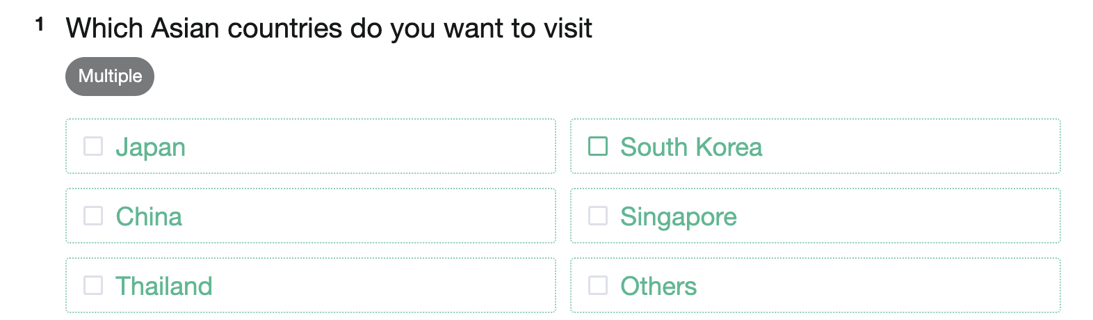 Checkbox question 'Which Asian countries do you want to visit most?' being answered in the survey