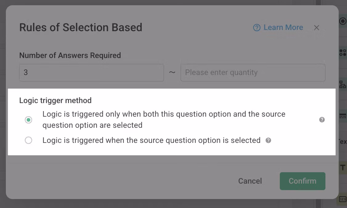 Selection Based settings showing the Selection Rule field set to require at least three selected answers