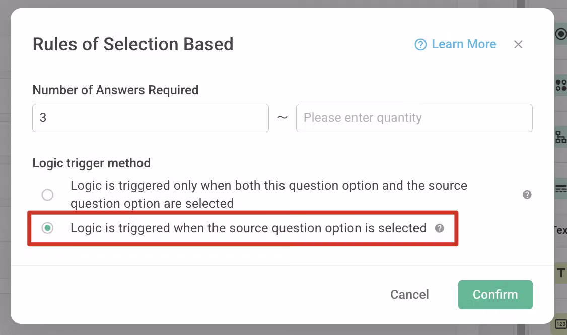 Selection Based logic settings showing the two skip-logic trigger rule options