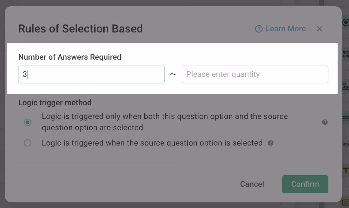 Selection Based Option Setting field configured to require at least three selections