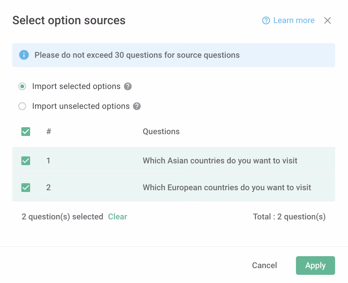 Survey editor screen for adding the Selection Based question as the third question