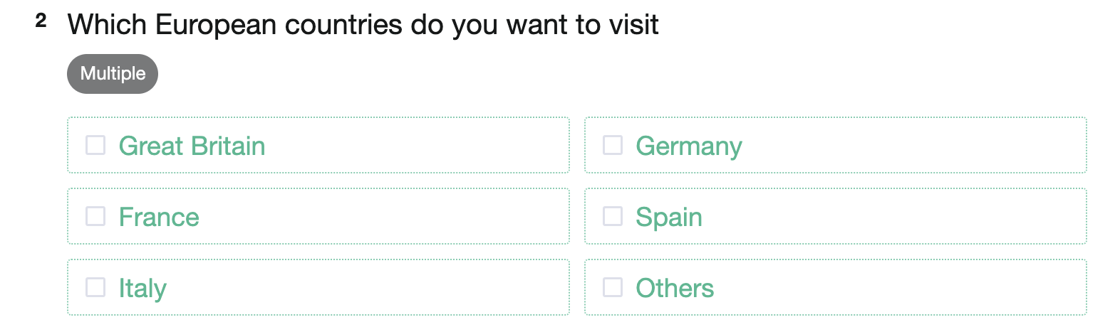 Checkbox question 'Which European countries do you want to visit most?' being answered in the survey