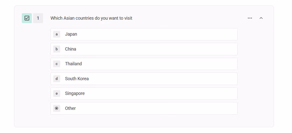 Survey editor screen setting up options for the Asian countries checkbox question
