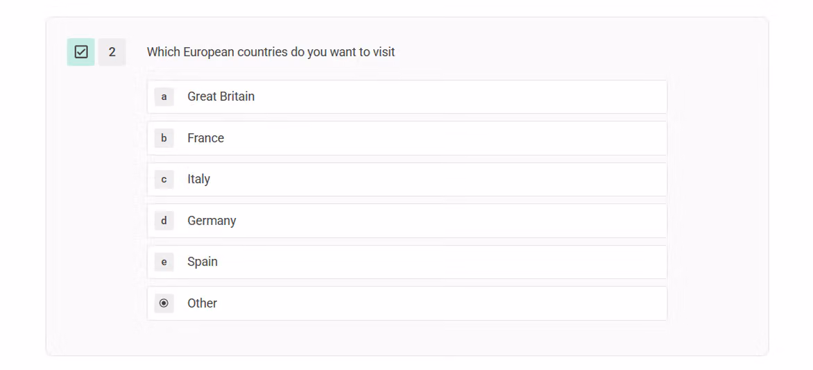 Checkboxes question 2 asking which European countries you want to visit, listing Great Britain, France, Italy, Germany, Spain and Other.