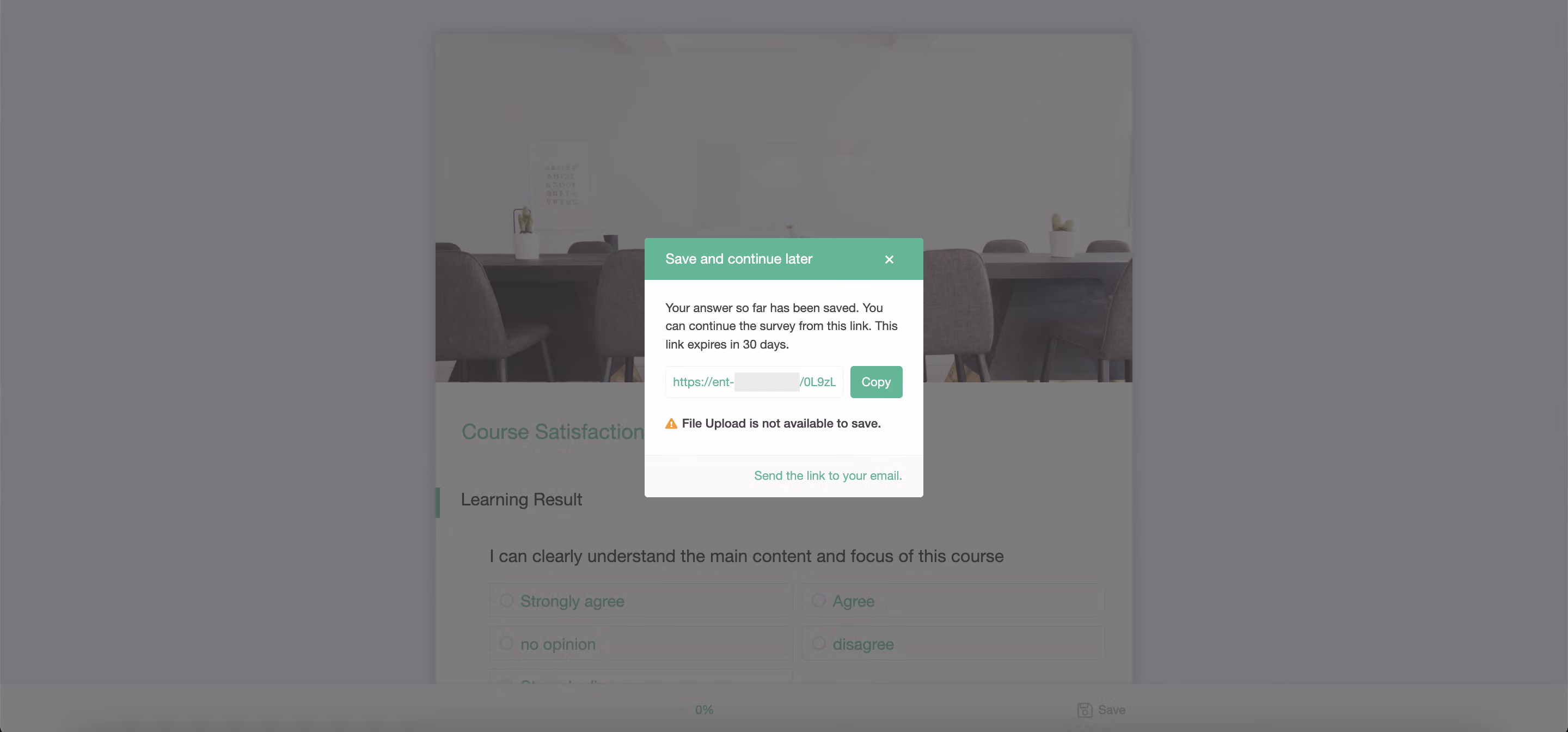 Settings screen for emailing respondents the temporarily saved survey link